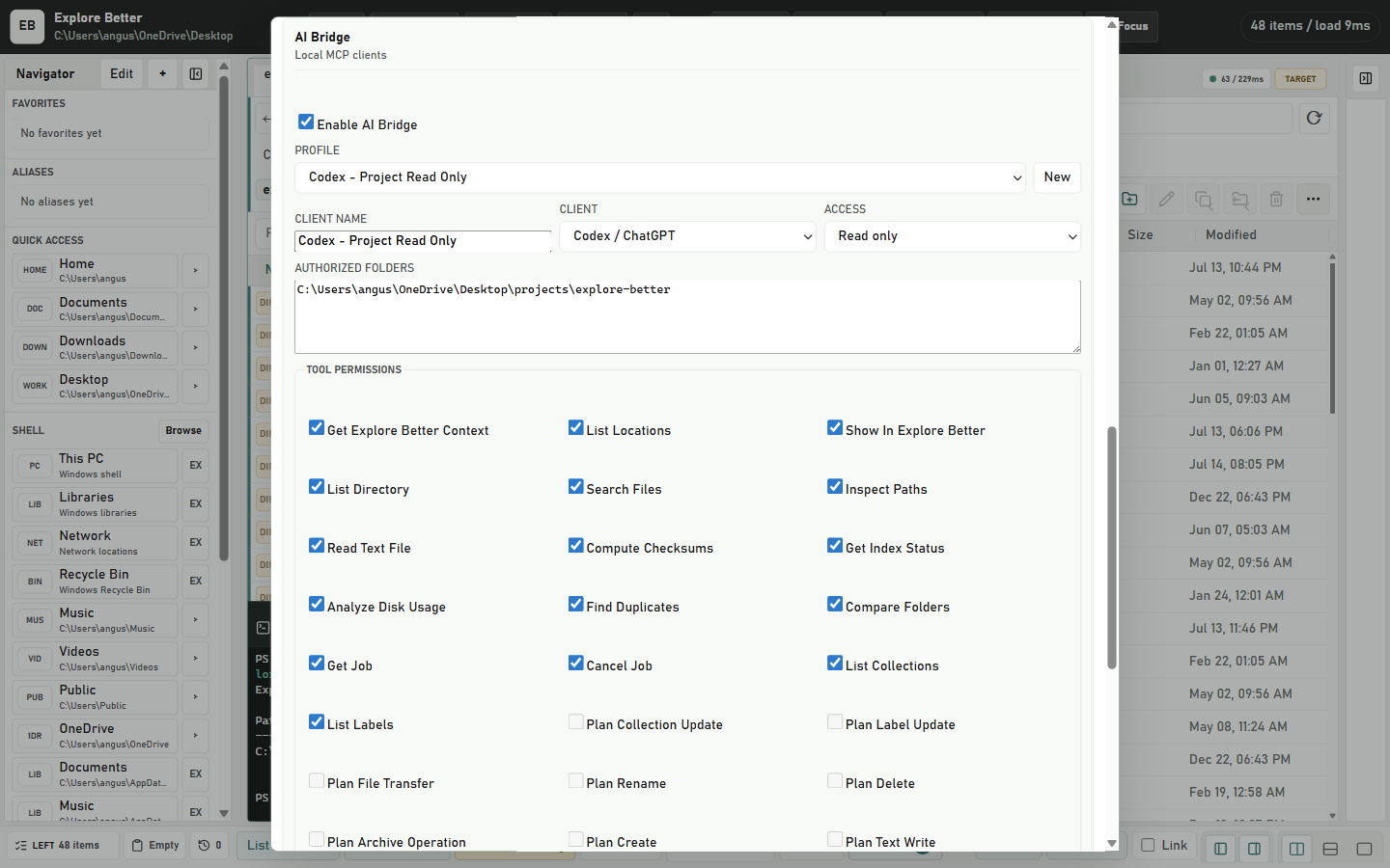 Explore Better AI Bridge preferences showing a folder-scoped read-only Codex profile and its permitted MCP tools