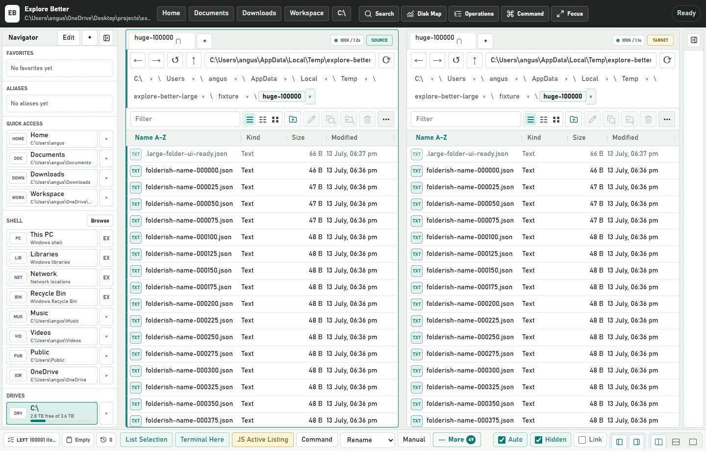 Explore Better displaying a virtualized 100,000-entry folder