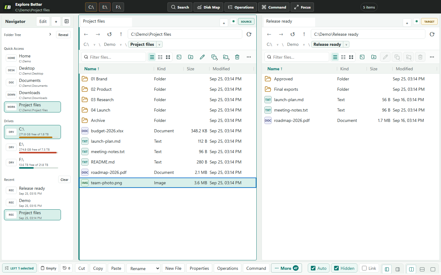 Explore Better with two folders open side by side, each pane with its own tabs, path bar, filter and file list